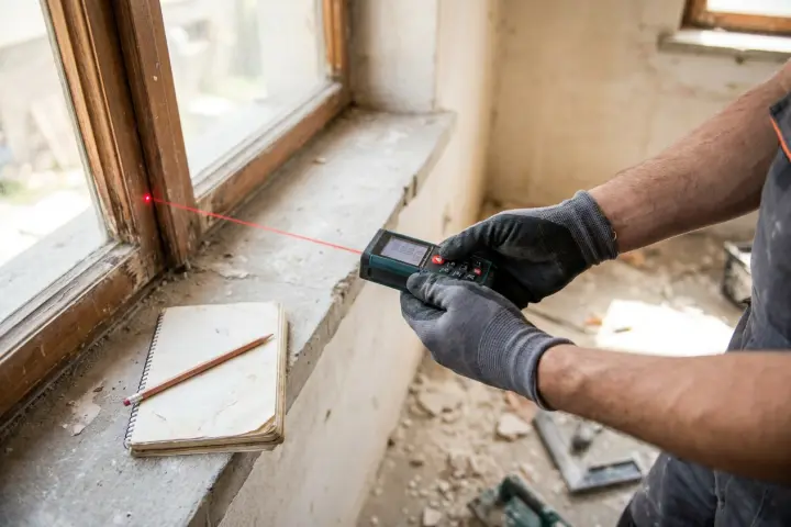 Schrijnwerker die een raamopening opmeet met een laserafstandsmeter